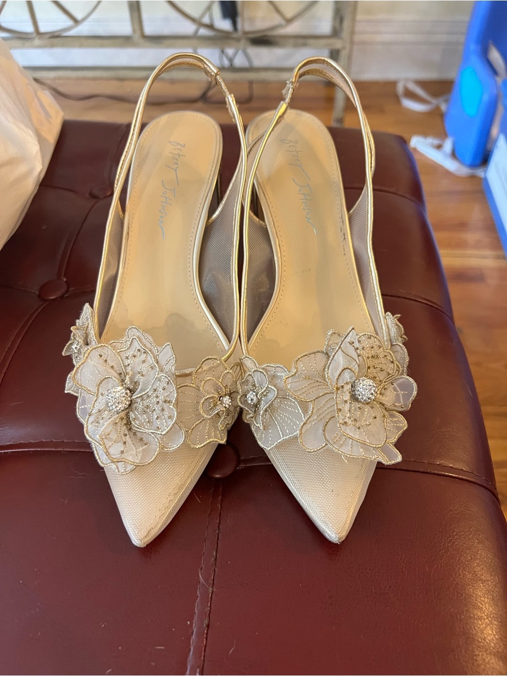 Betsey Johnson Gold Floral Appliqué Slingback Pointed Heels